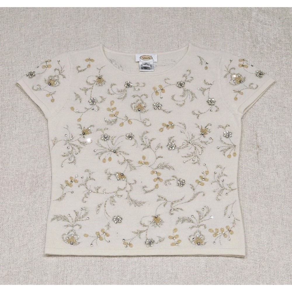 VTG Talbots Merino Wool Silver Gold Crystal Pullover Cream Sweater Sz XSm *read